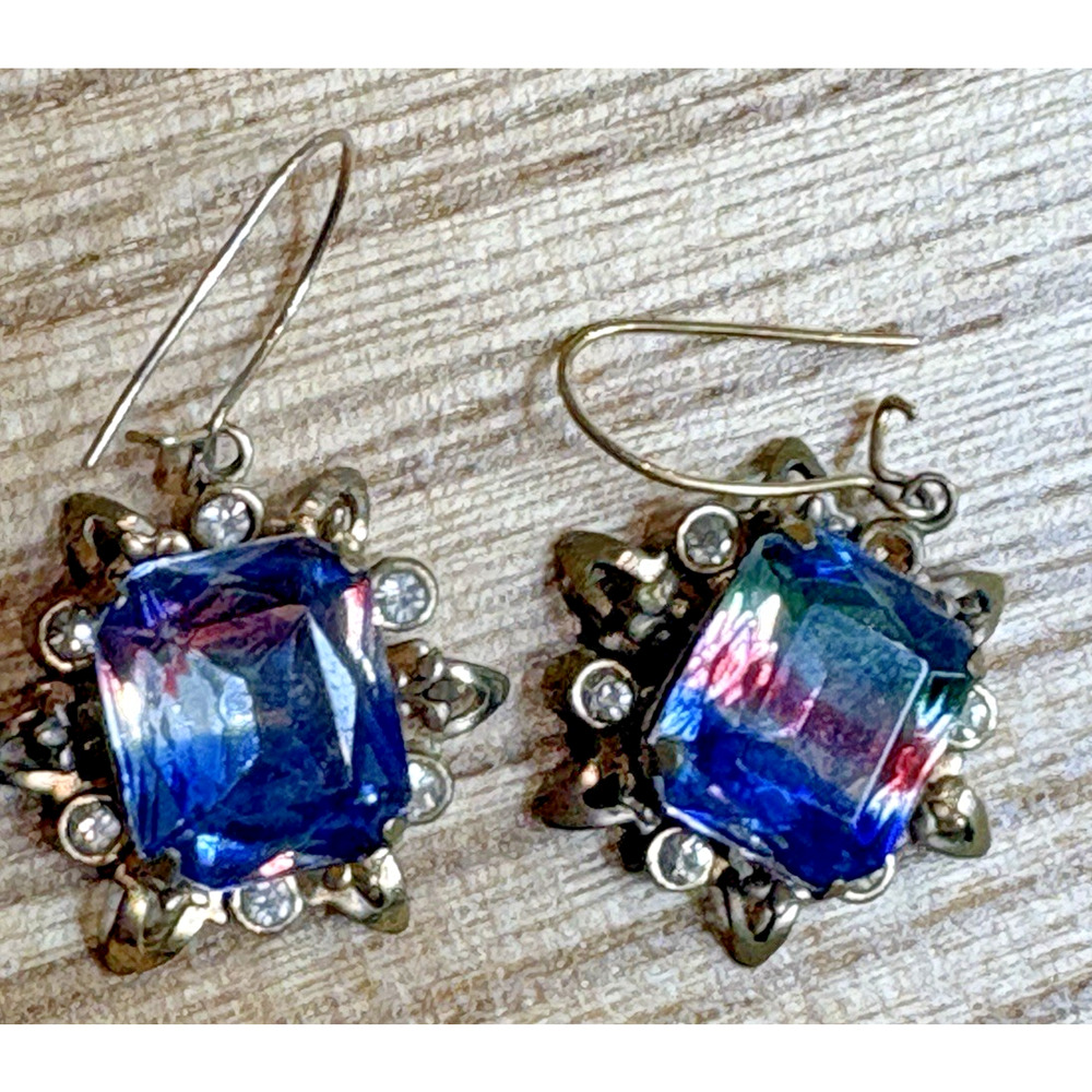 VTG Etruscan Revival Brass Earrings Blue Iridescent Iris Crystals Dangle Hook